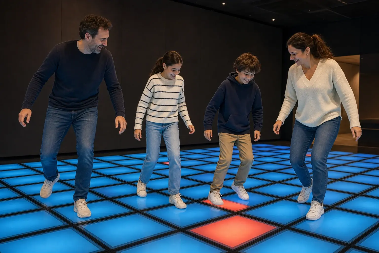 Familia disfrutando de un juego cooperativo sobre el suelo LED
