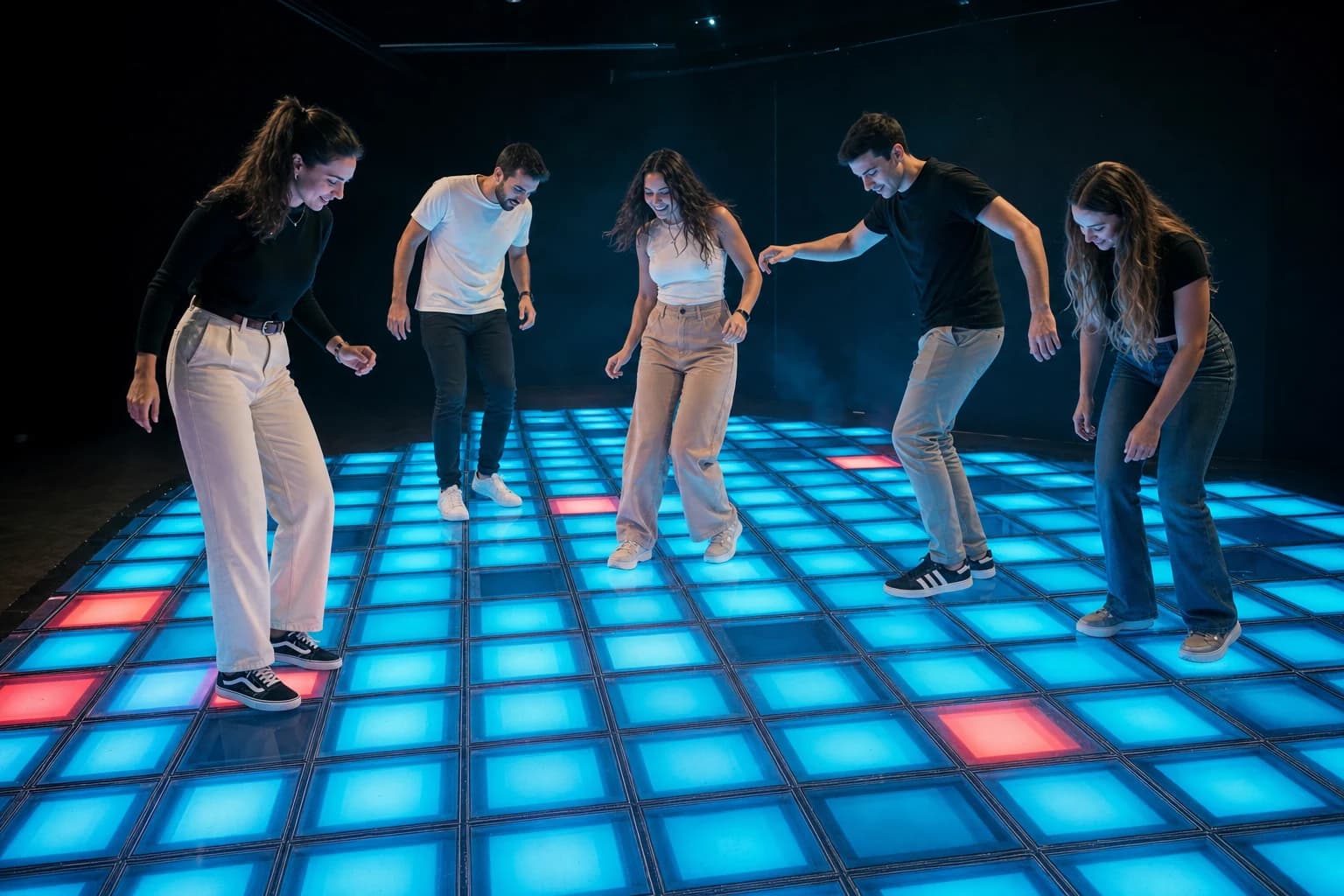 Grupo de adolescentes resolviendo un reto de movimiento sobre una sala LED