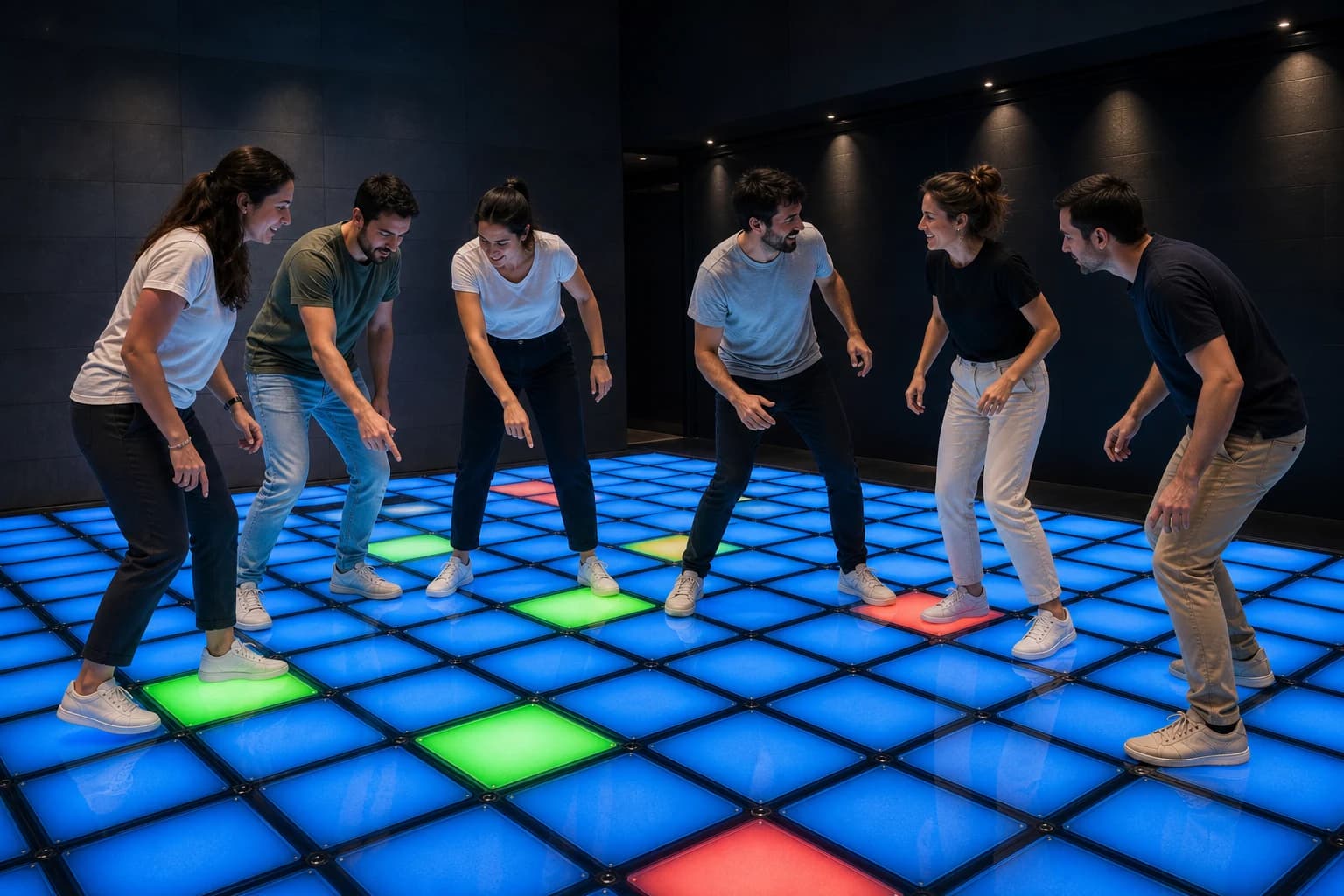 Equipo de empresa coordinándose sobre el suelo LED interactivo de Motion Levels