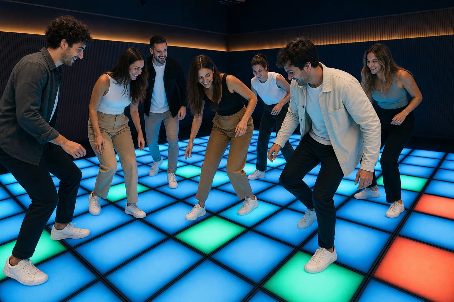 Grupo de amigos compitiendo durante una despedida en una sala LED interactiva