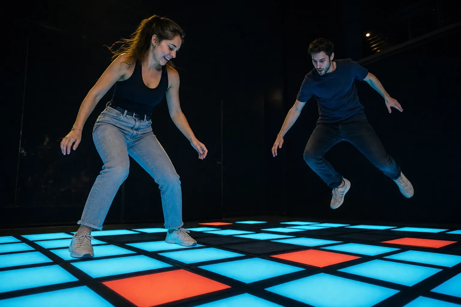 Dos jugadores compitiendo en un reto sobre el suelo LED